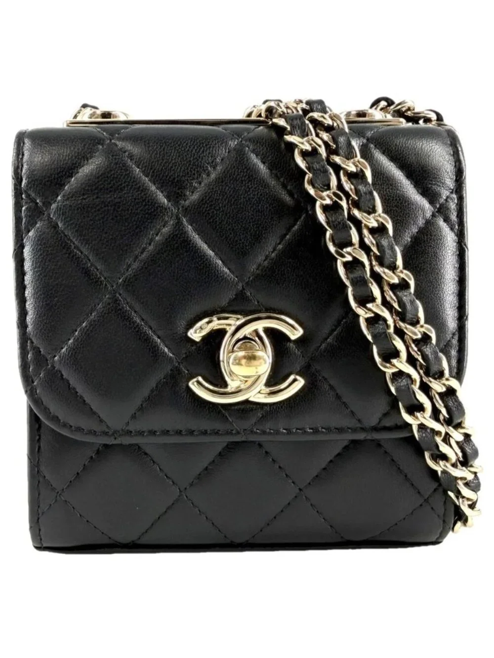 Chanel Shoulder Bag Crossbody CC Logo Quilted Chain Lambskin Black Gold Vintage